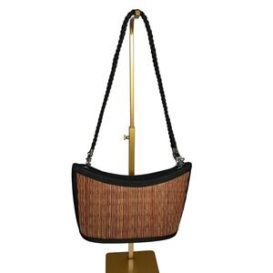 Basket Purse Woven Seagrass Bamboo Shoulder Bag Black Trim Zip Top